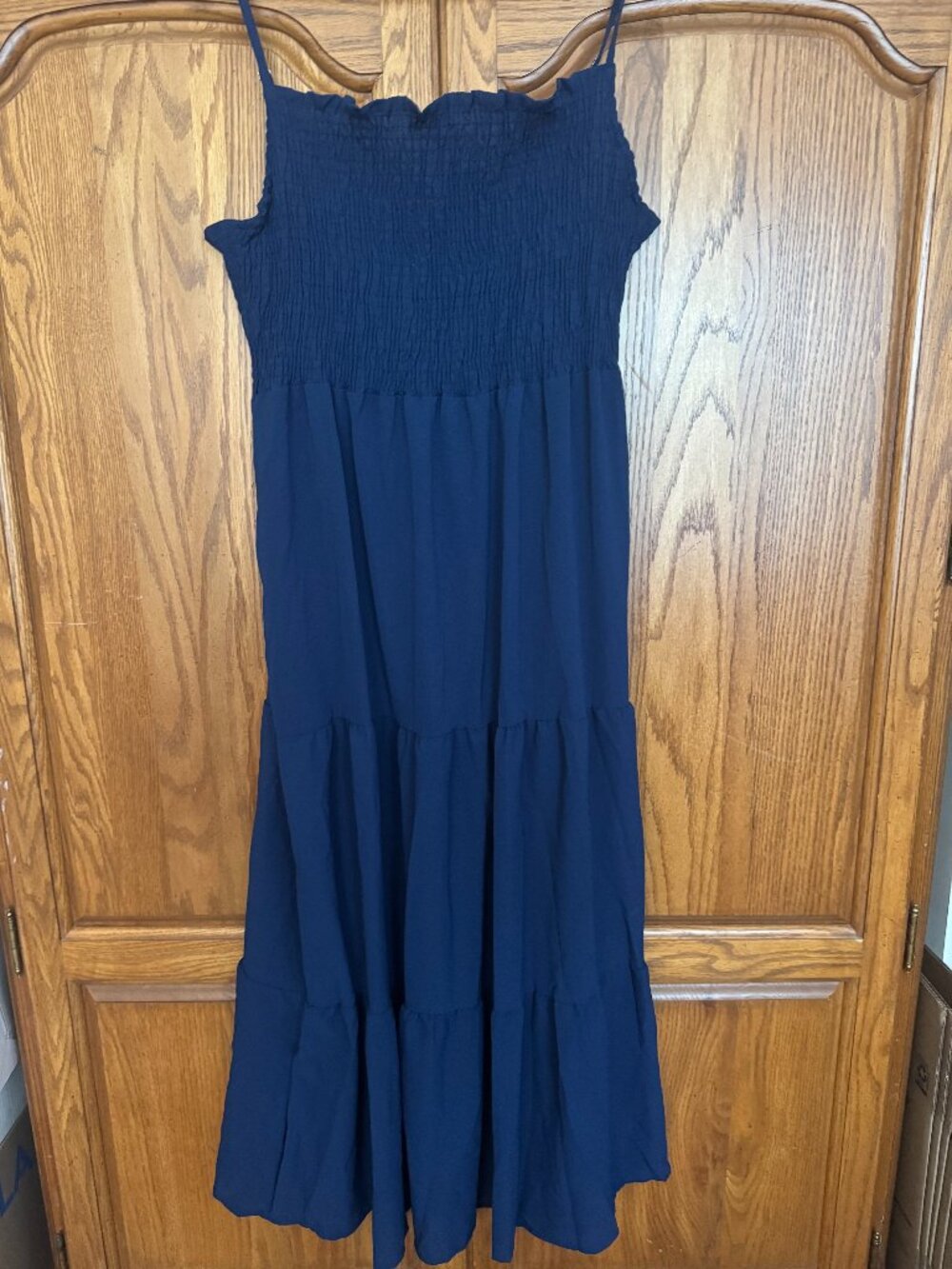 Smocked Bodice Tiered Maxi Dress in Navy